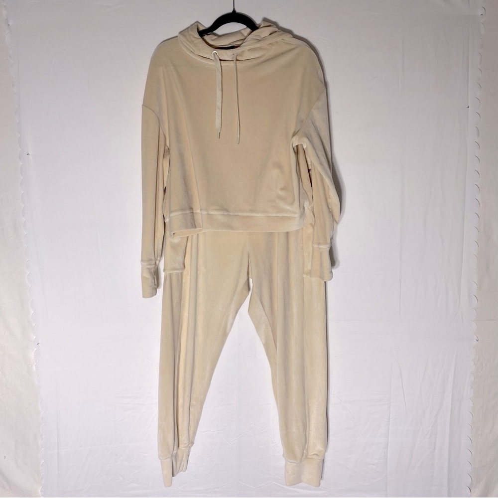 Buffalo David Bitton Cream Beige Velour Sweatsuit Hoodie & Joggers Set L